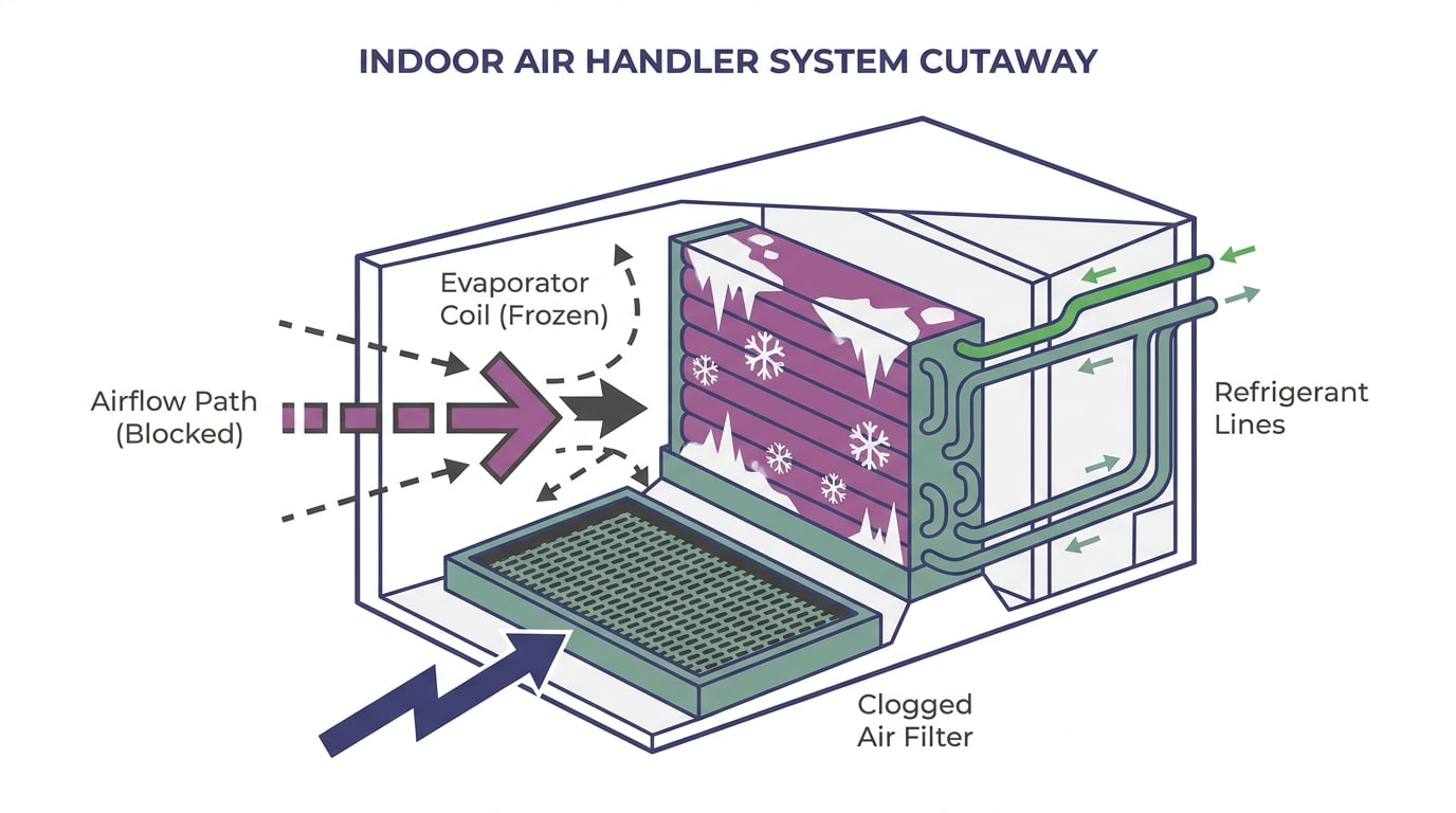 Diagram showing a cross-section of an HVAC system with labels for evaporator coil, air filter, and refrigerant lines, with frost buildup illustrated on the coil