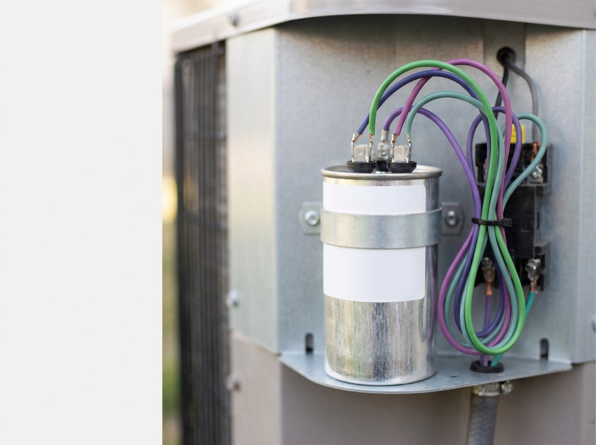 Close-up photo of an HVAC capacitor with terminals visible, illustrating the component that fails in electrical issues