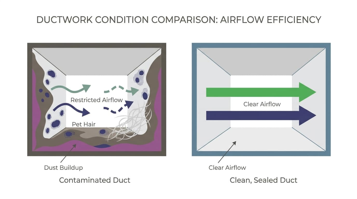 Diagram showing dust, mold spores, and pet dander accumulating in unclean ducts versus clean, sealed ducts