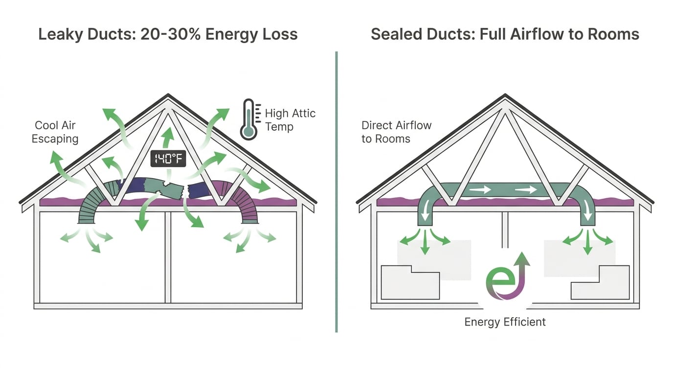 Comparison showing leaky ducts in an Arizona attic losing cool air versus sealed ducts maintaining airflow