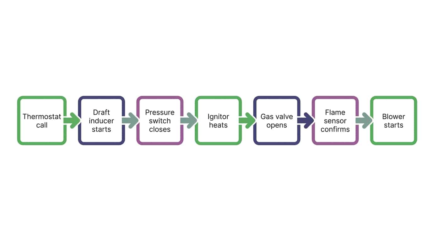 Diagram showing gas furnace ignition sequence from thermostat call to flame establishment