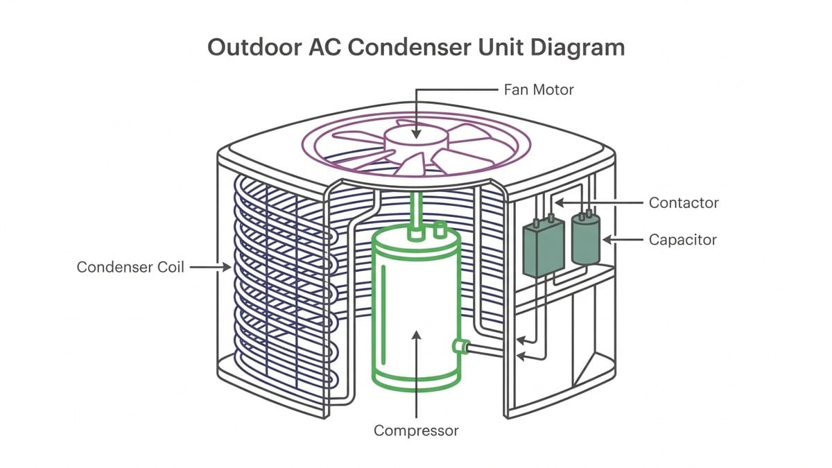 Diagram showing outdoor AC condenser unit with labeled components: compressor, condenser coil, fan motor, contactor, capacitor