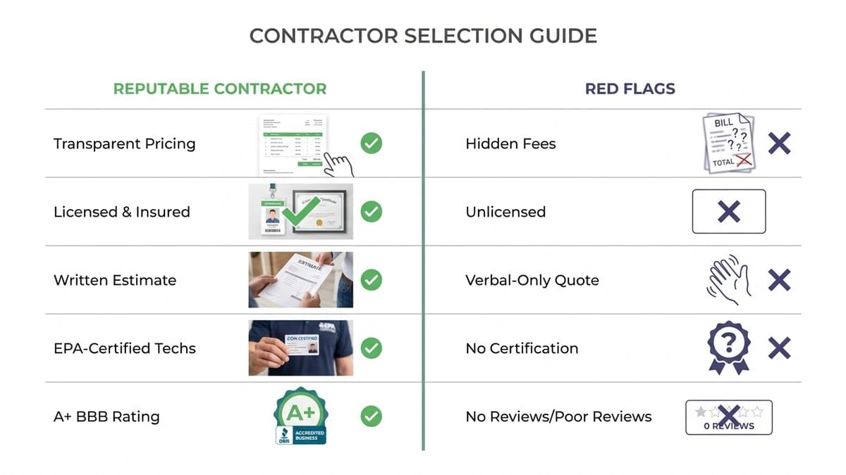 Comparison table showing transparent pricing vs hidden fees, licensed contractor vs unlicensed, written estimate vs verbal quote
