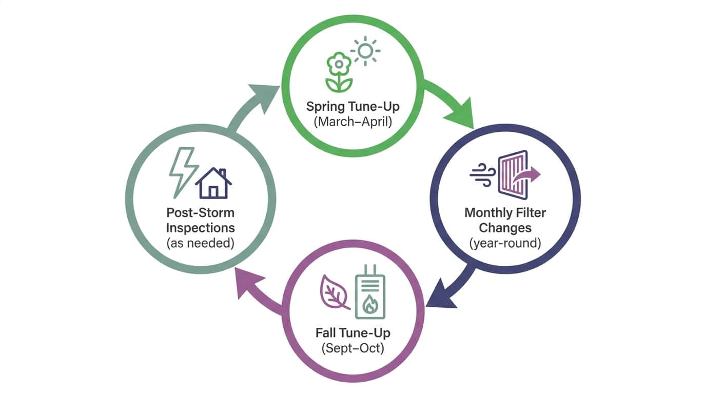 Diagram showing HVAC maintenance cycle: Spring tune-up, Monthly filter changes, Fall tune-up, Seasonal inspections