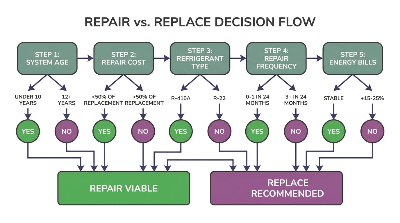 Decision tree flowchart showing five questions to evaluate AC repair versus replacement