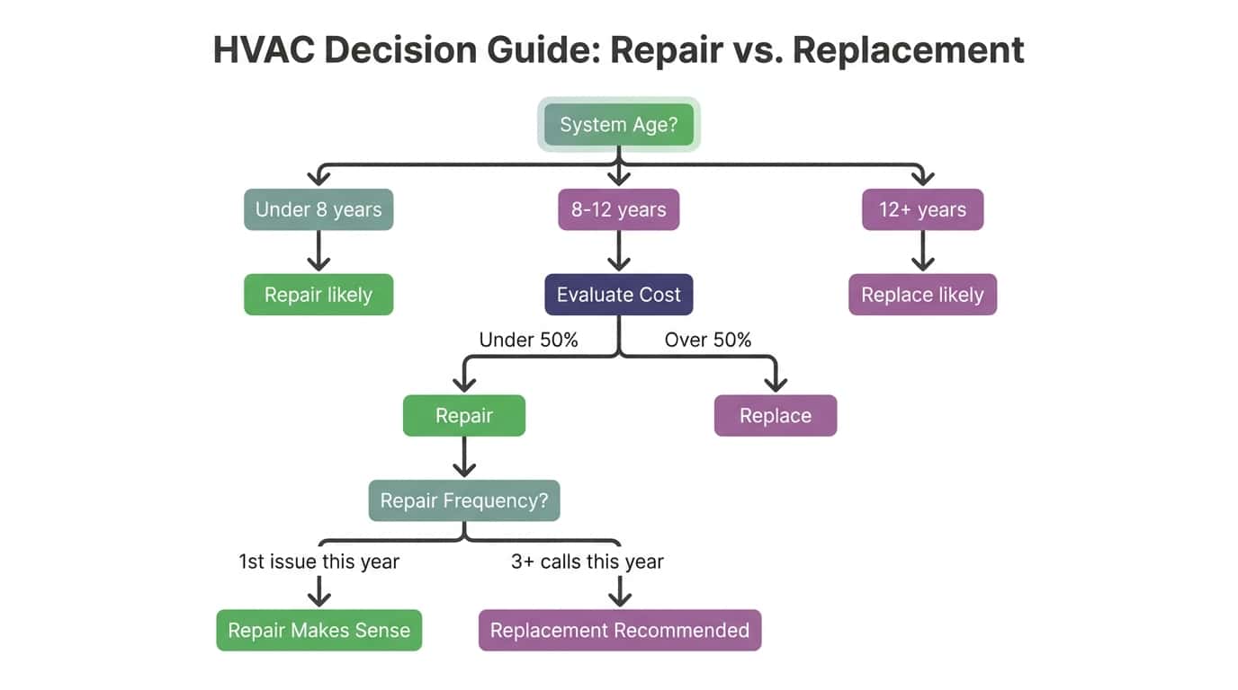 Decision flowchart for HVAC repair vs replacement