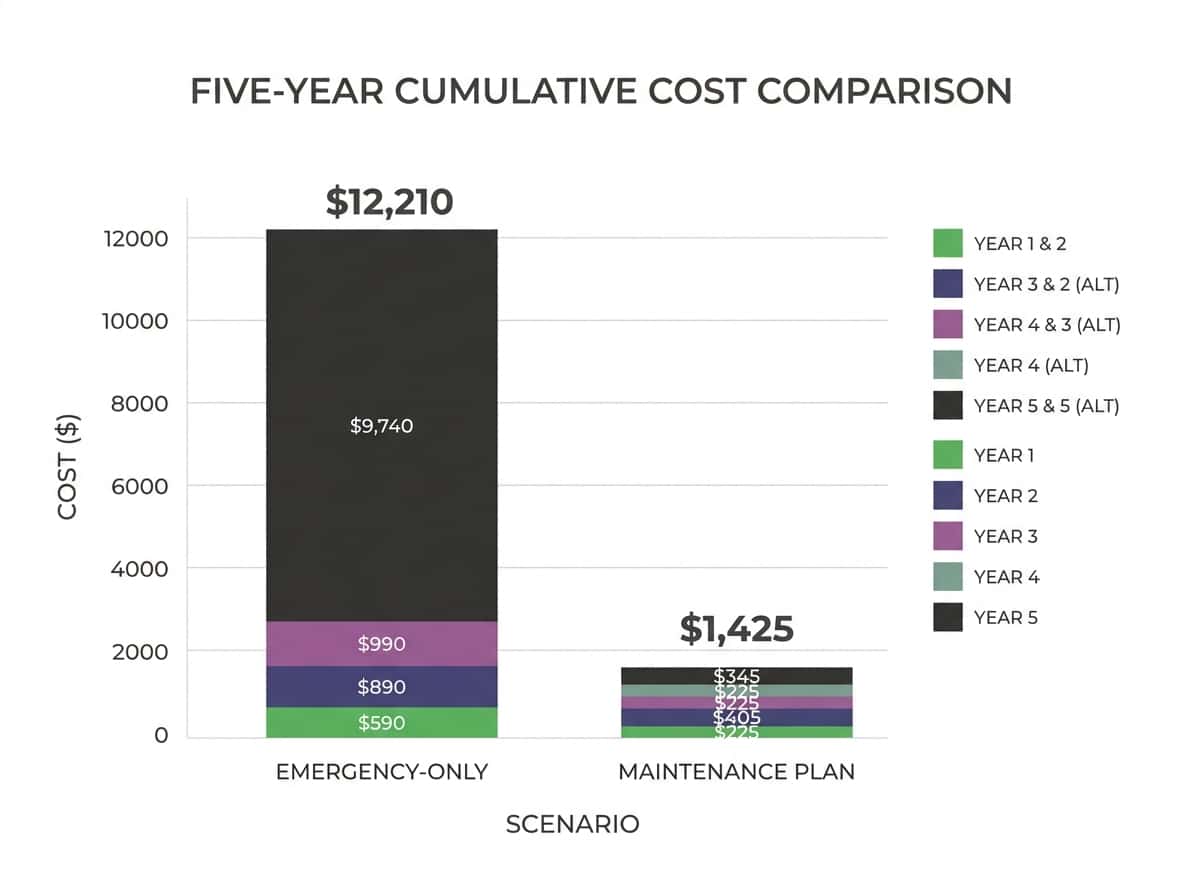 Five-year cost comparison bar chart showing emergency-only path versus maintenance plan