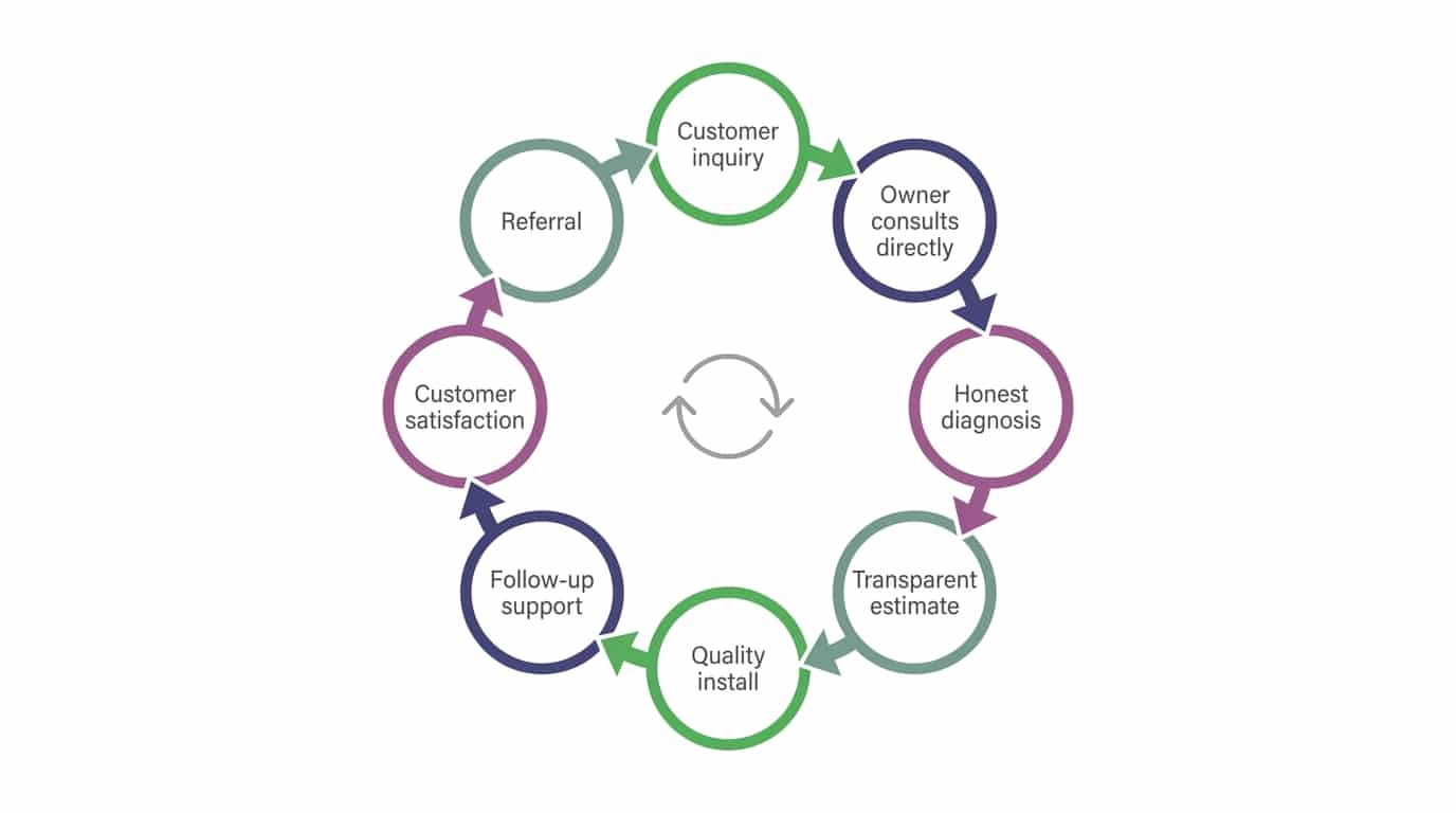 Diagram showing the trust cycle in family-owned HVAC business from honest diagnosis to quality work to referrals