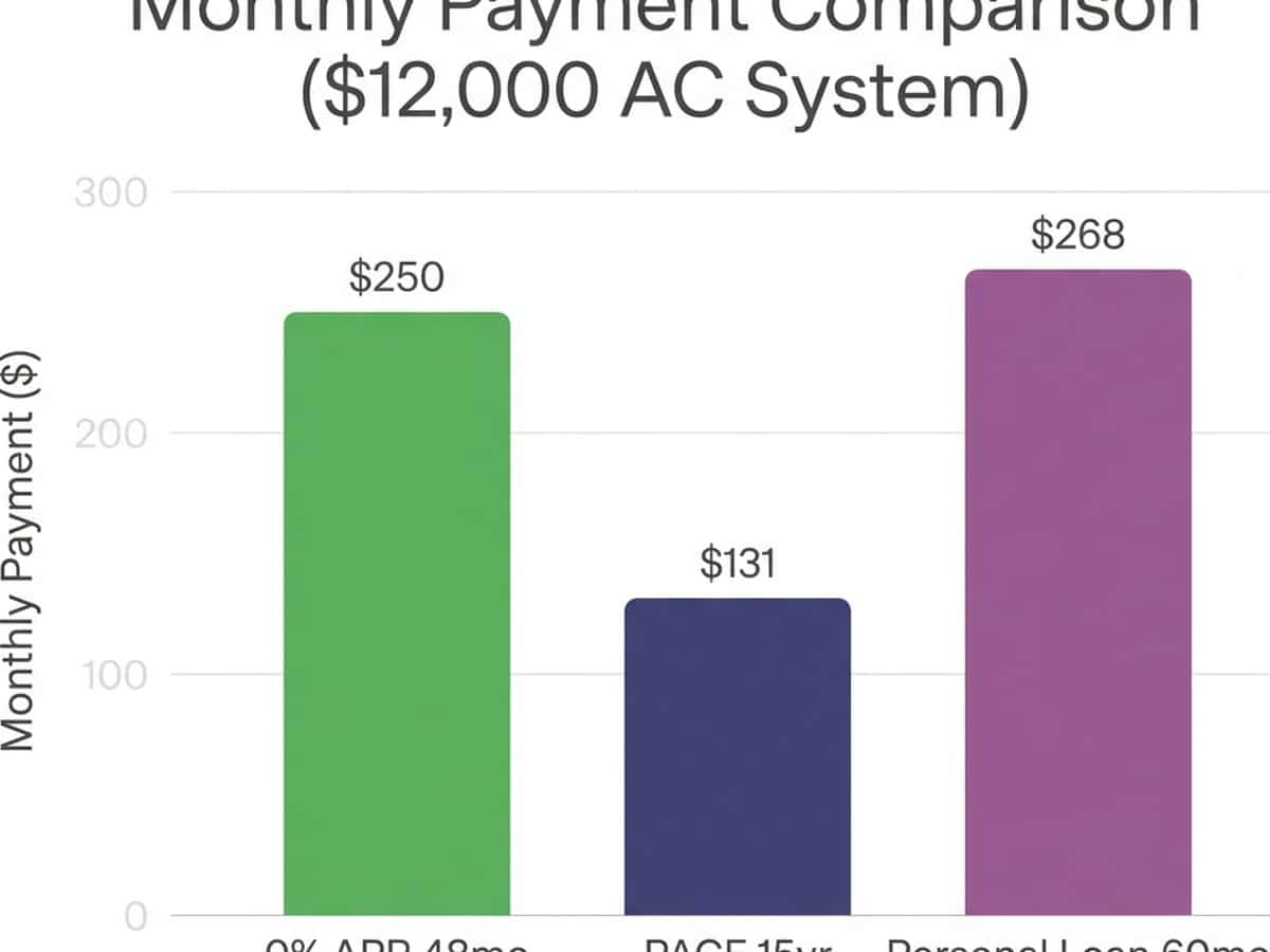 Comparison chart showing monthly payment differences between 0% APR, PACE loan, and personal loan options