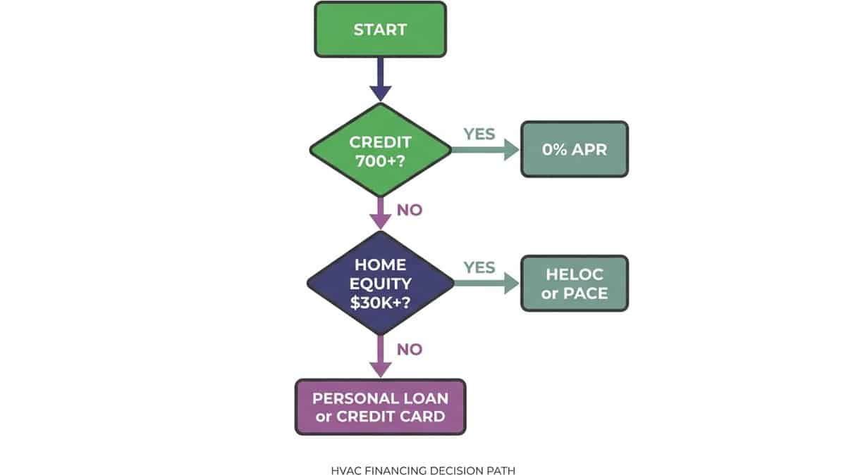 Decision flowchart for choosing AC financing based on credit score and home equity