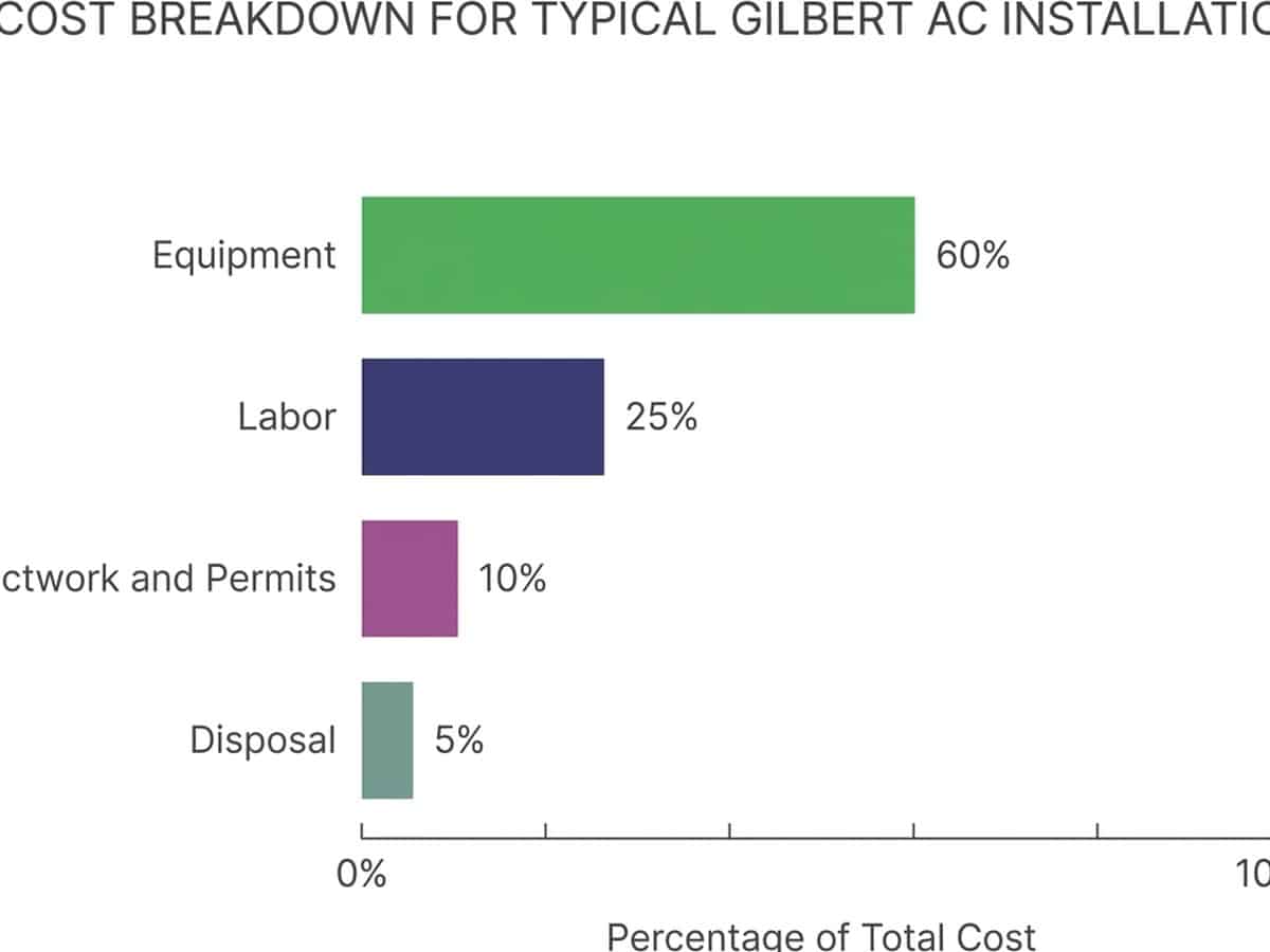 Cost breakdown bar chart showing AC installation components: Equipment 60%, Labor 25%, Ductwork/Permits 10%, Disposal 5%