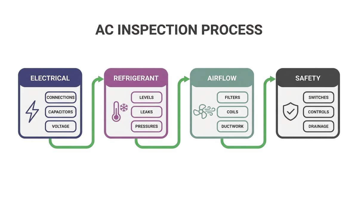 Detailed 50-point AC inspection checklist with sections for electrical, refrigerant, airflow, and safety checks
