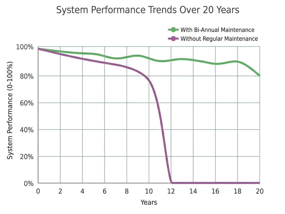 Line graph showing AC system lifespan comparison between maintained and unmaintained systems over 20 years