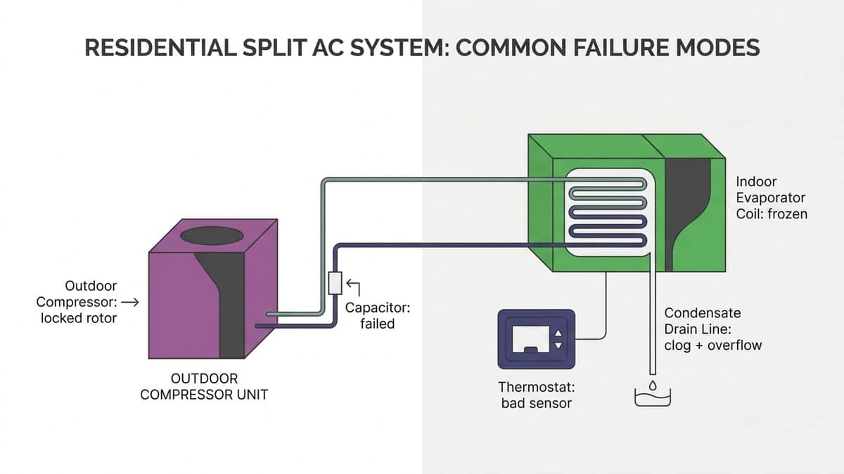 Diagram showing common AC failure points including compressor, refrigerant lines, capacitor, thermostat, and condensate drain