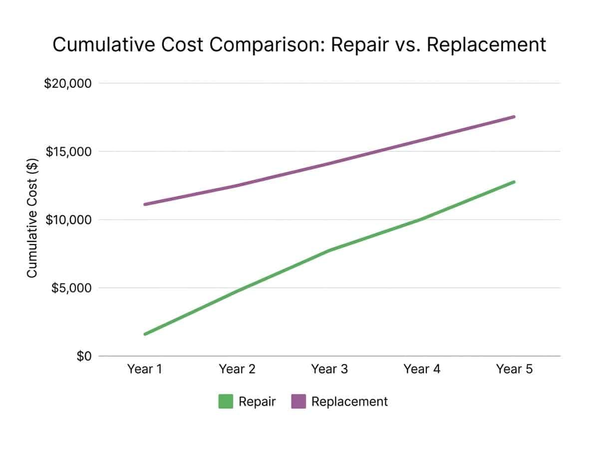 Line graph showing cumulative cost comparison over five years between repairing an aging AC system and replacing with a new high-efficiency unit