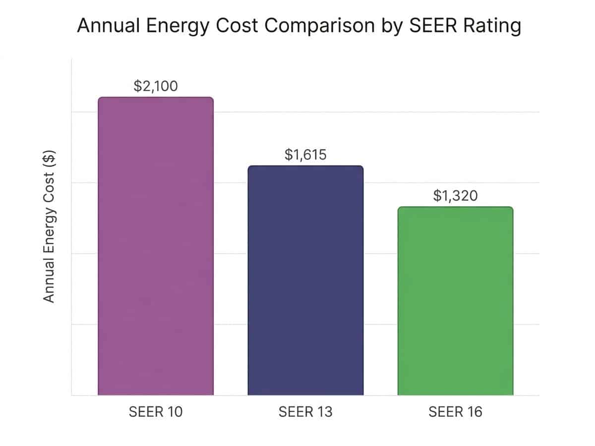 Bar chart comparing annual energy costs for SEER 10, SEER 13, and SEER 16 AC systems