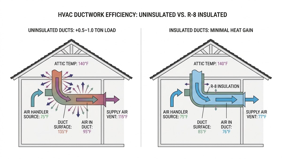Diagram showing heat gain through poorly insulated attic ductwork versus insulated ductwork