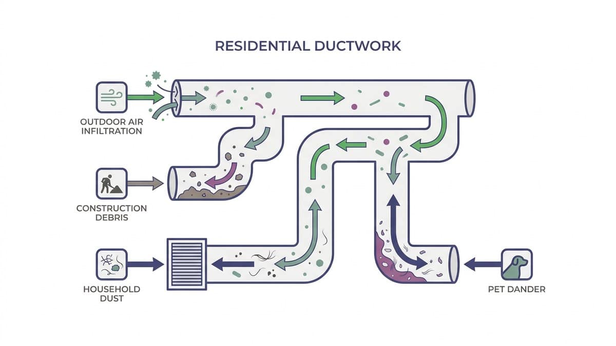 Diagram showing how dust, allergens, and debris accumulate in HVAC ductwork over time