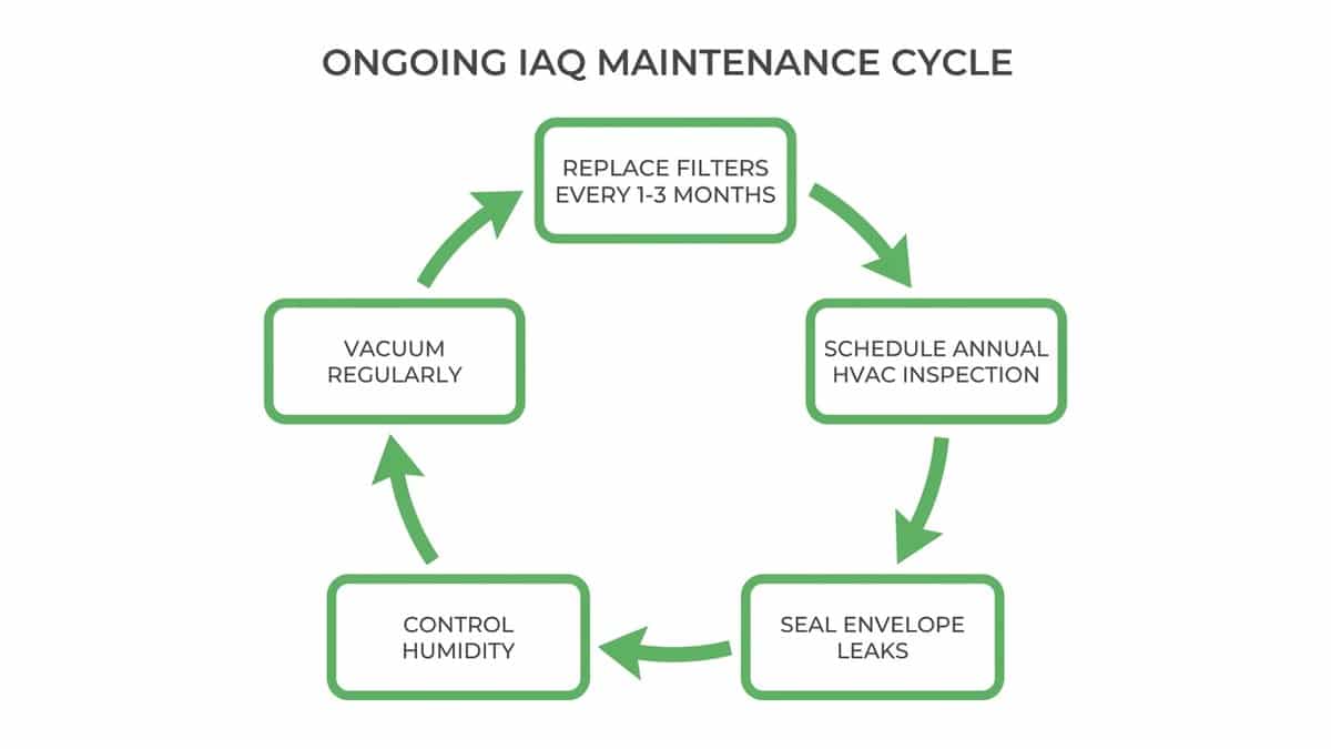 Flowchart showing the long-term IAQ maintenance cycle: filter replacement, annual HVAC inspection, envelope sealing, humidity control