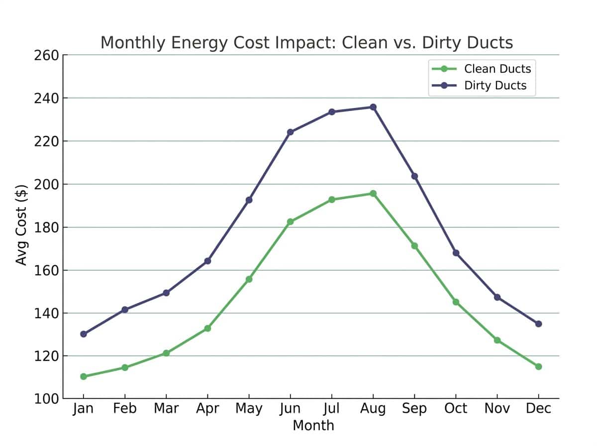 Line graph showing monthly cooling costs over 12 months comparing clean vs. dirty ductwork