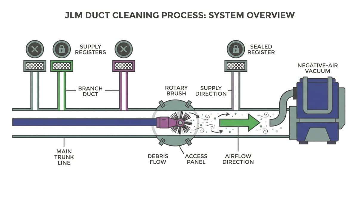 Diagram of professional duct cleaning equipment setup showing vacuum system, rotary brush, and sealed access points