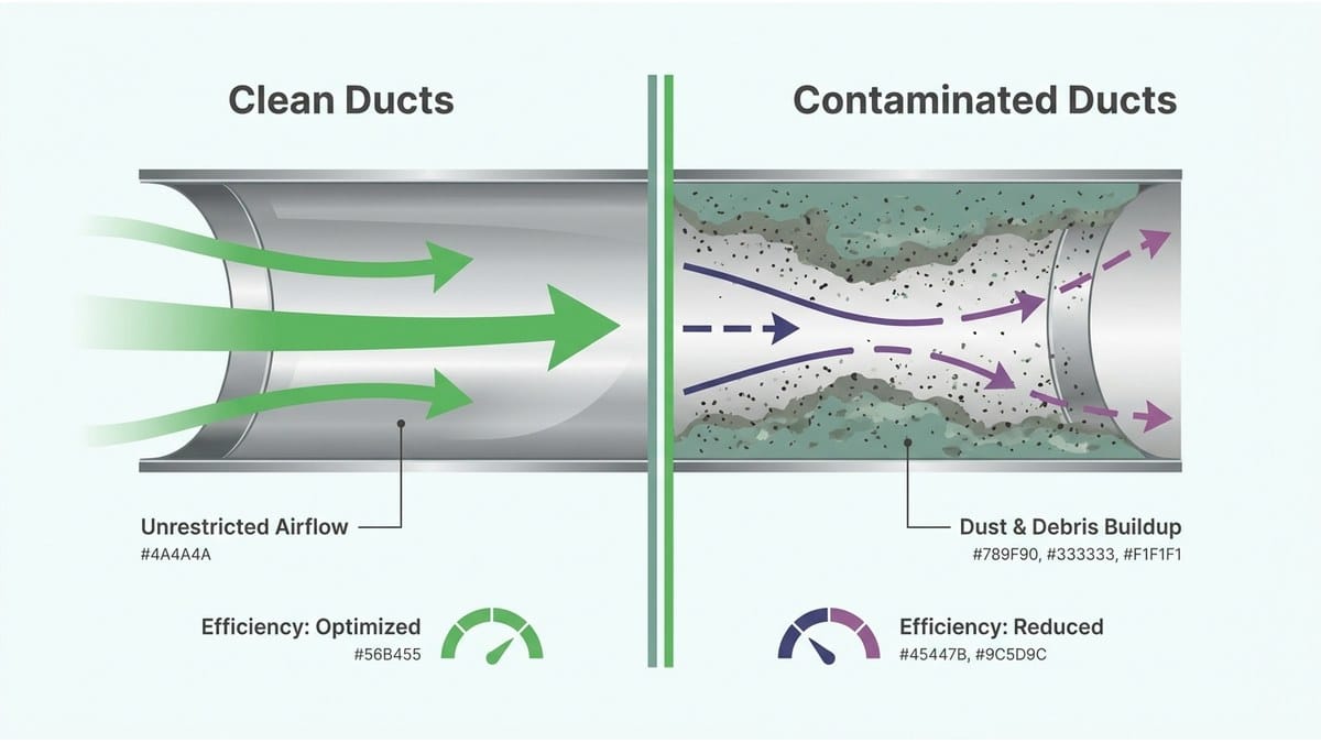Comparison illustration showing clean duct interior vs. contaminated duct interior side by side