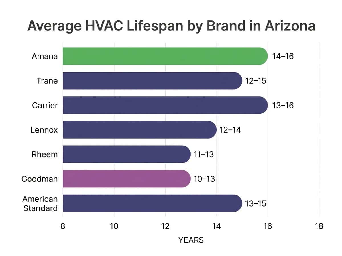 Comparison bar chart showing average HVAC lifespan by brand in Arizona climate