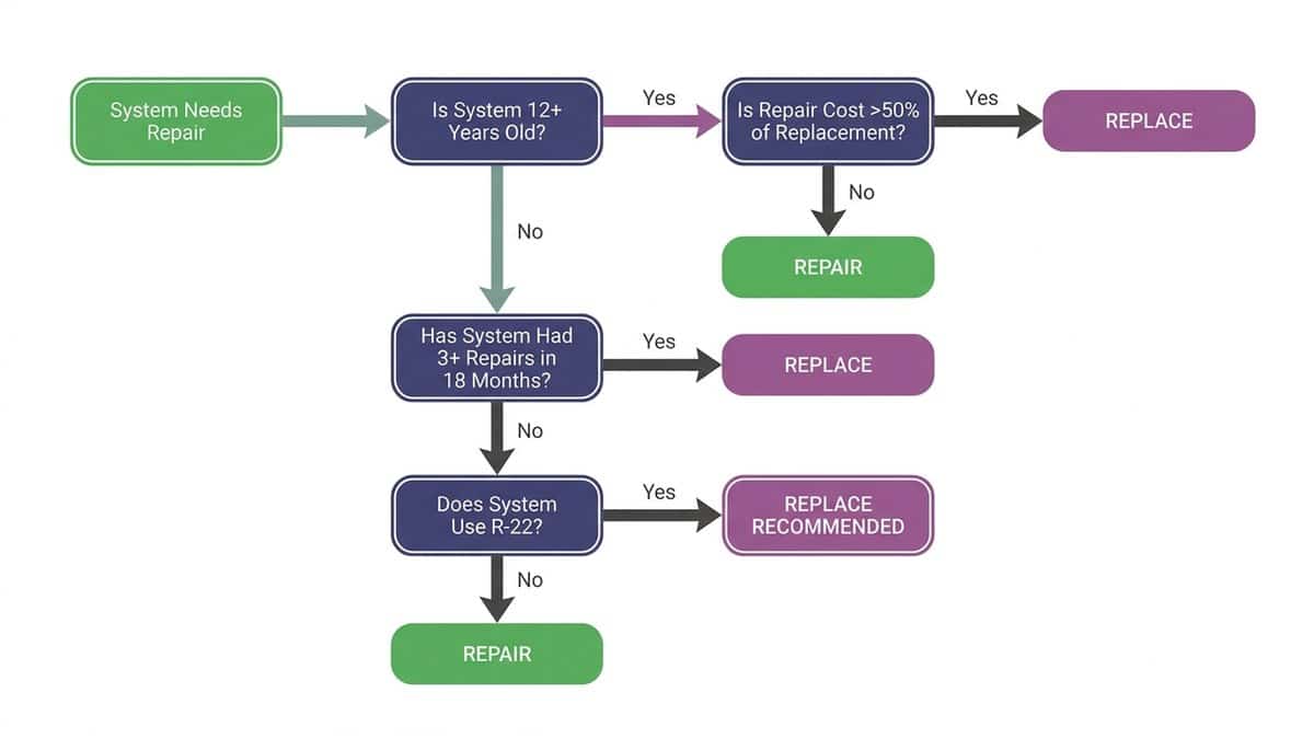 Decision flowchart for repair vs. replace based on age, cost, and refrigerant type