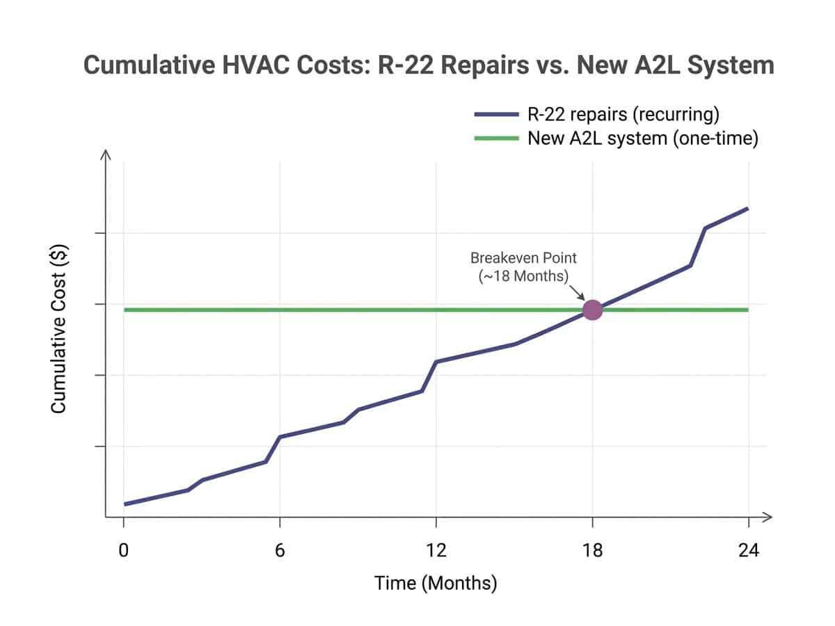 Comparison diagram showing repair cost trajectory versus new system investment over two years