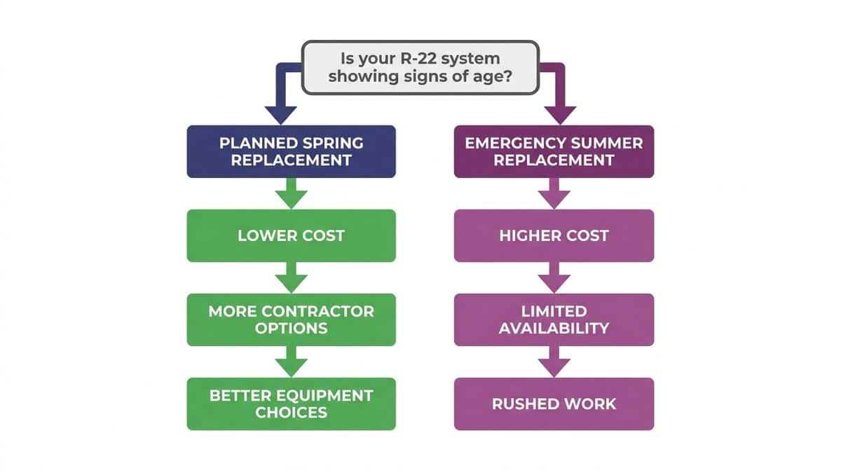 Flowchart showing decision path: planned spring replacement versus emergency summer replacement