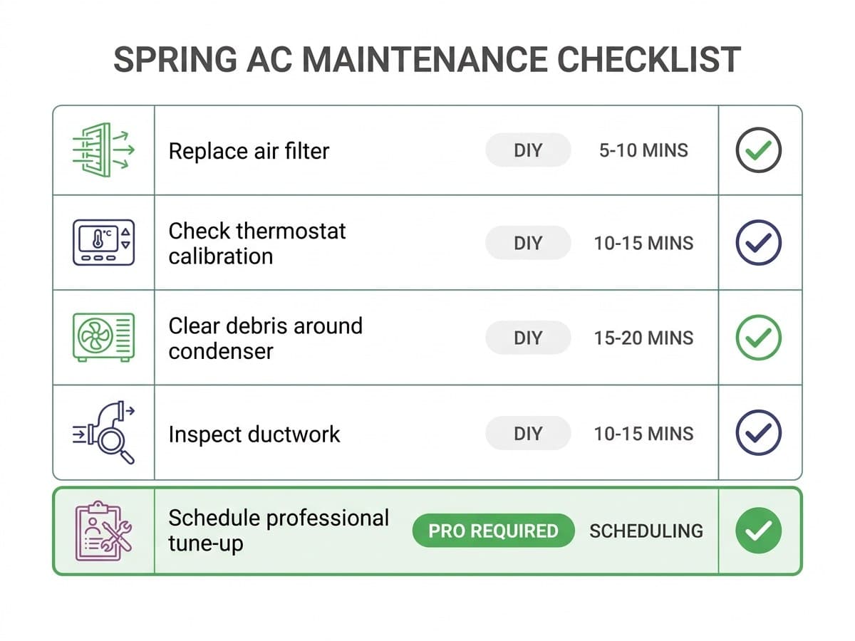 Detailed spring AC maintenance task checklist with checkboxes showing filter replacement, thermostat check, debris clearing, and professional tune-up items