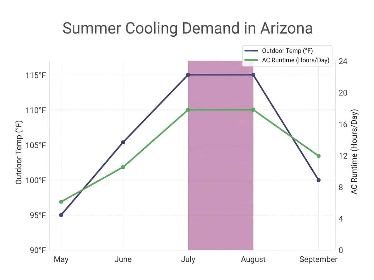 Line graph showing relationship between outdoor temperature and AC workload over summer months May through September