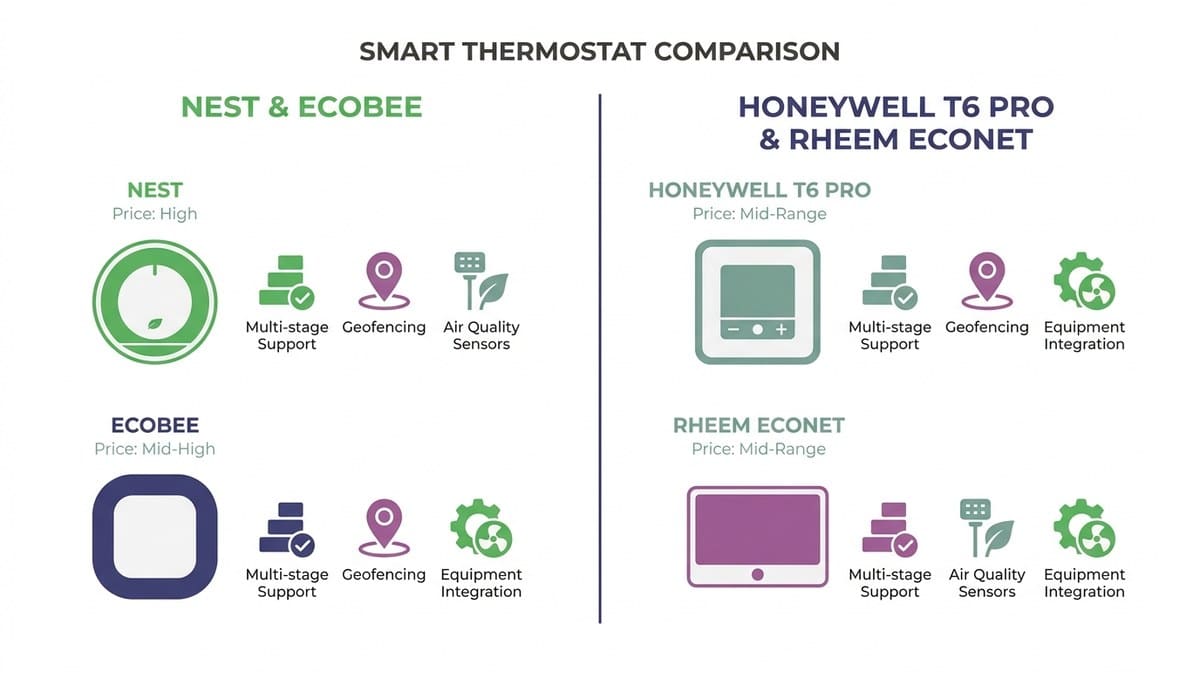 Comparison chart showing four smart thermostat models side by side with key features and price ranges
