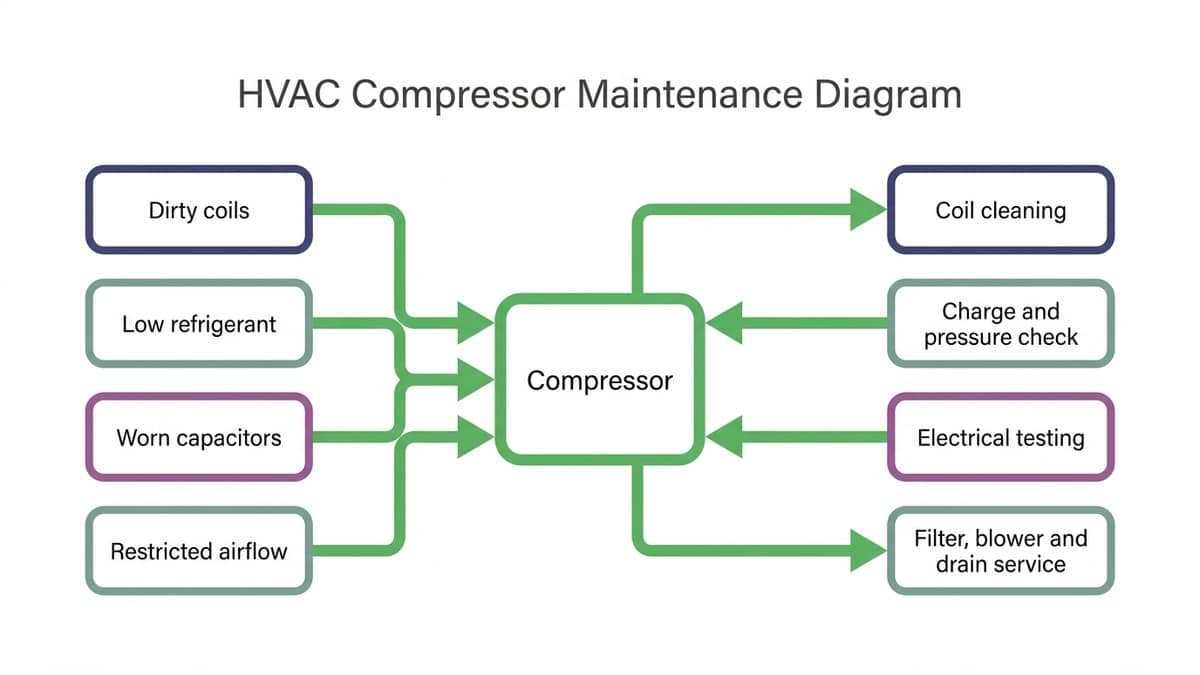 Diagram mapping four compressor failure causes to the maintenance tasks that address each one