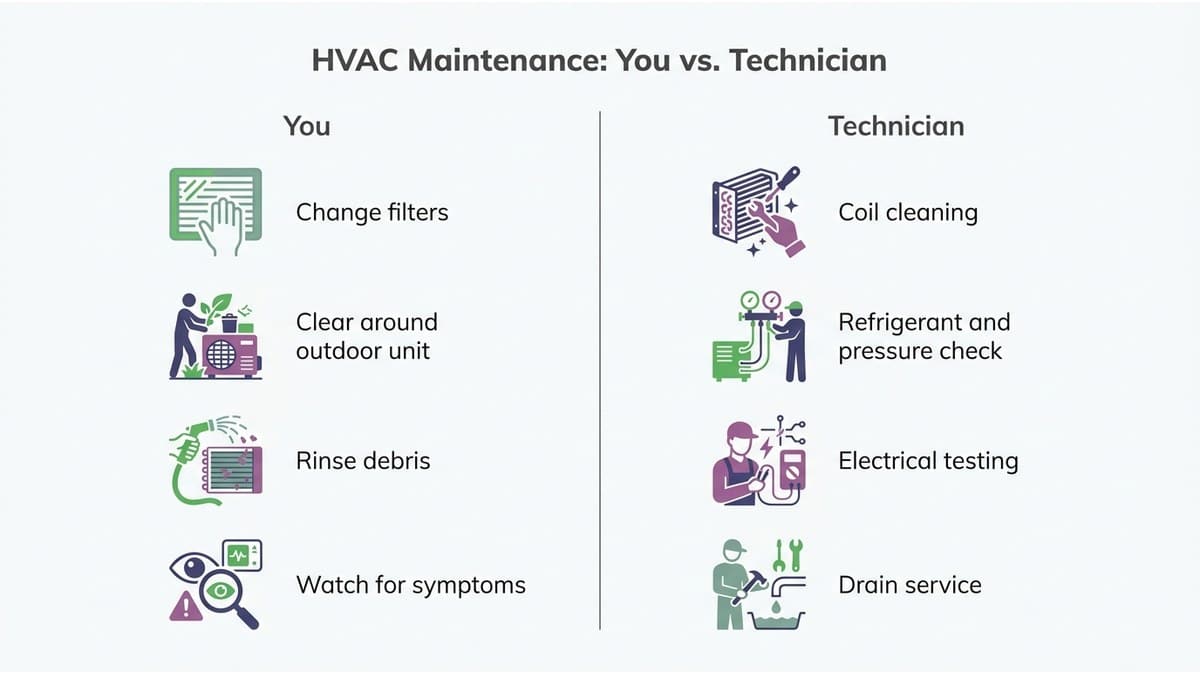 Split comparison of homeowner compressor care tasks versus technician compressor care tasks