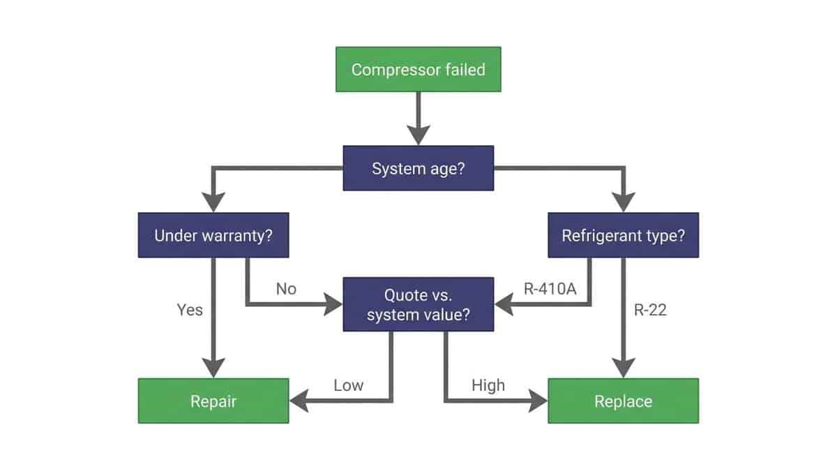 Flowchart of repair versus replace decision based on system age, warranty, refrigerant, and quote