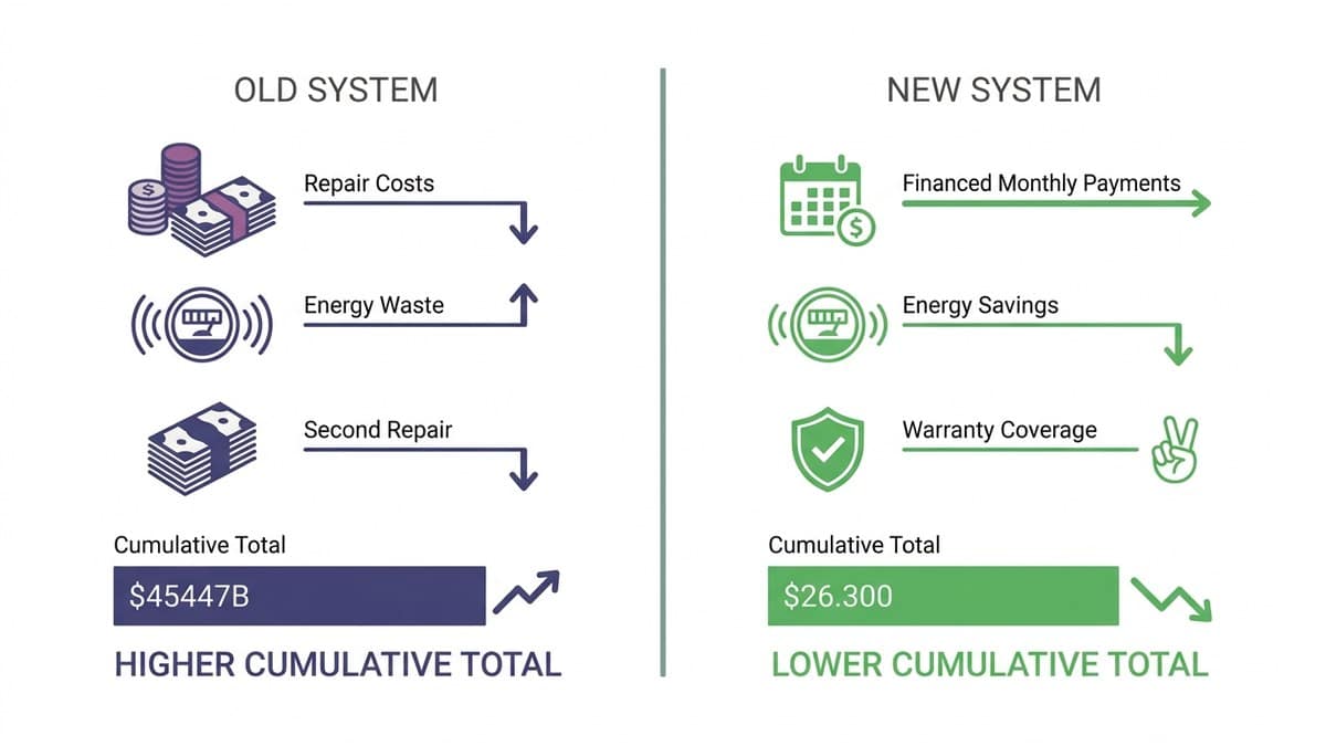Side-by-side comparison showing total cost of ownership over three years: old system with repairs and energy waste versus new system with financing