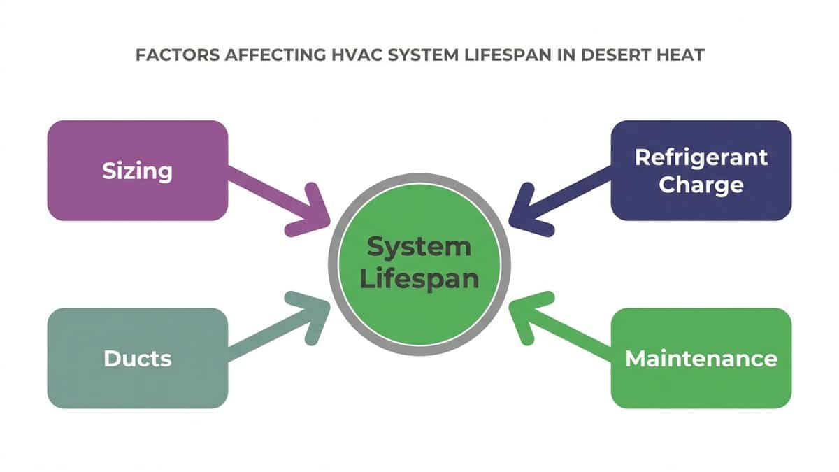 Diagram of four factors that decide how long an AC lasts in Arizona: sizing, ducts, refrigerant charge and airflow