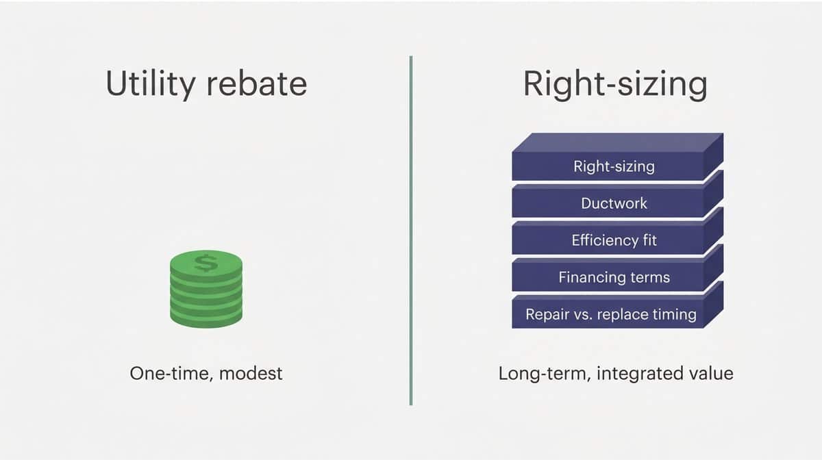 Comparison of small one-time utility rebate versus larger savings levers like sizing, ductwork, efficiency fit, and financing