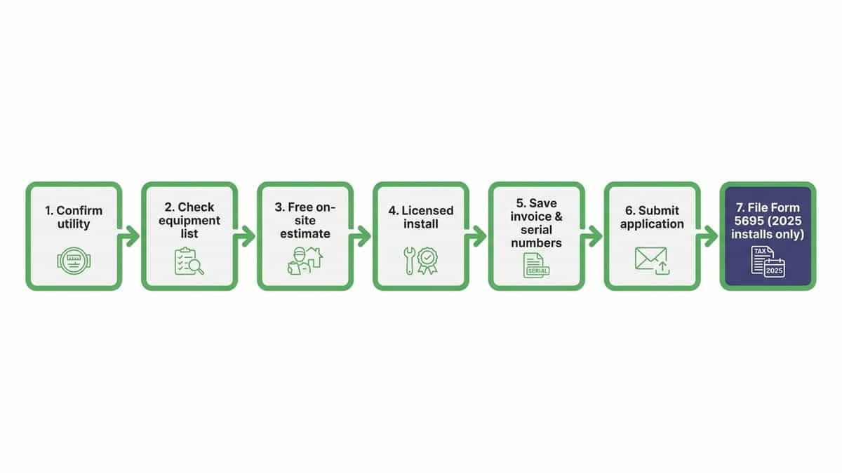 Seven-step flowchart from confirming your utility to submitting your rebate application and filing Form 5695