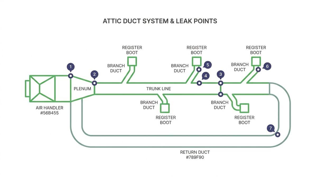 Diagram of a home duct system marking the most common leak points from air handler to registers