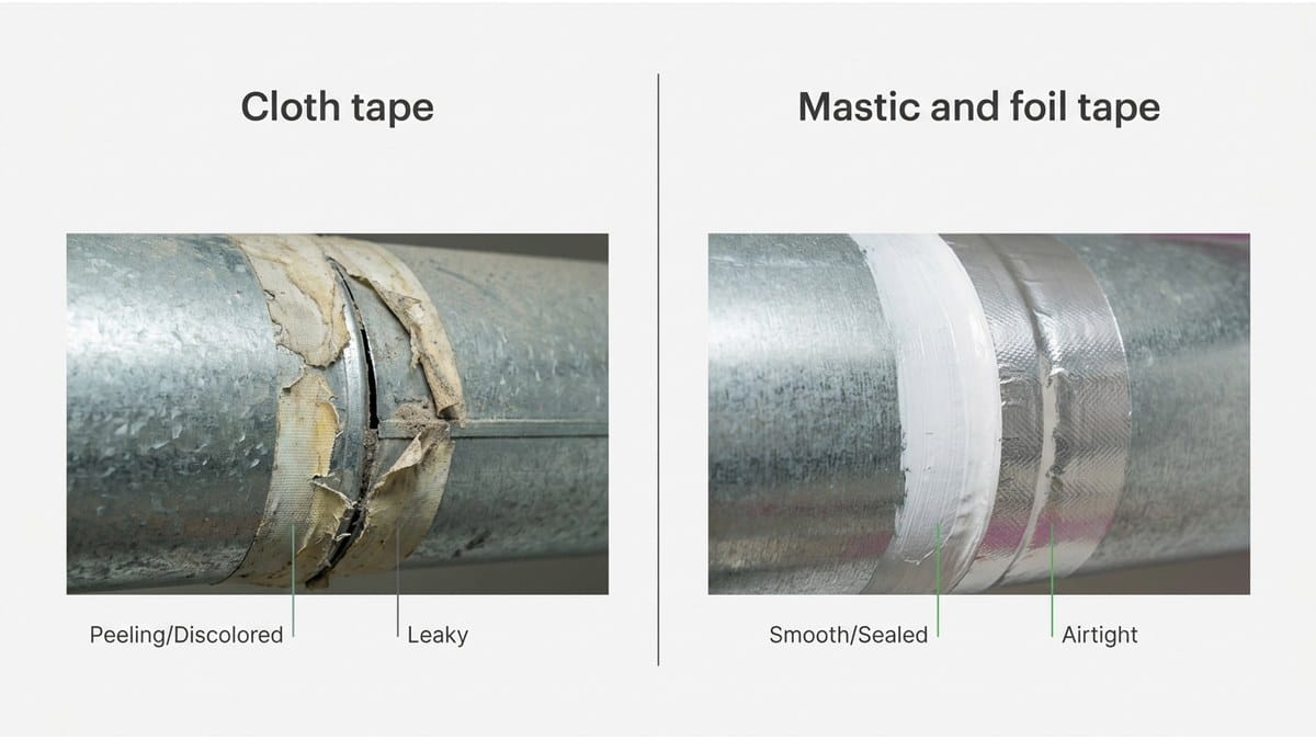 Side-by-side comparison of failed cloth duct tape and a mastic-sealed duct joint