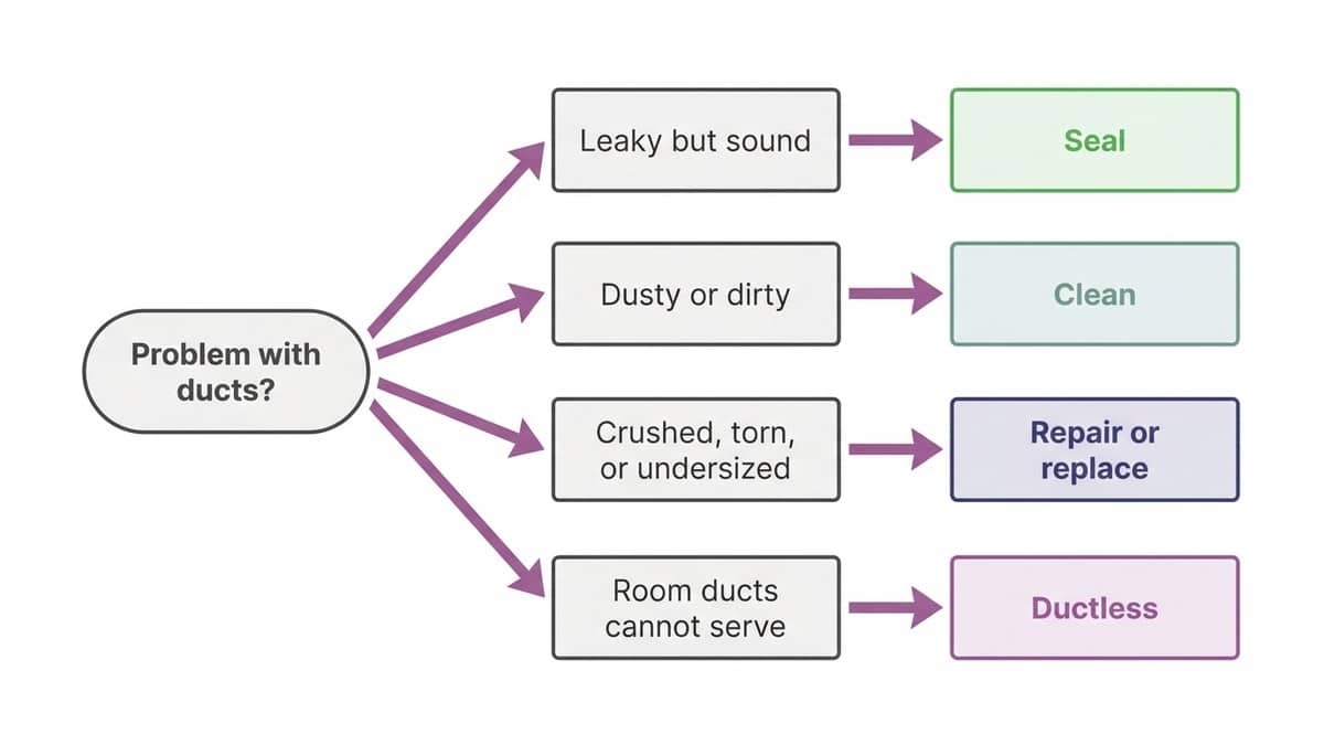 Decision flowchart for choosing between sealing, cleaning, repairing or replacing, and ductless cooling