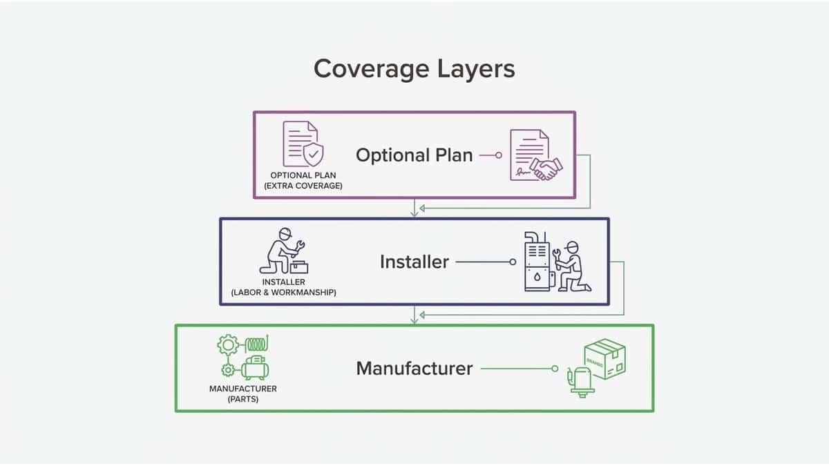 Three stacked layers showing manufacturer parts warranty, installer labor warranty, and optional service plan
