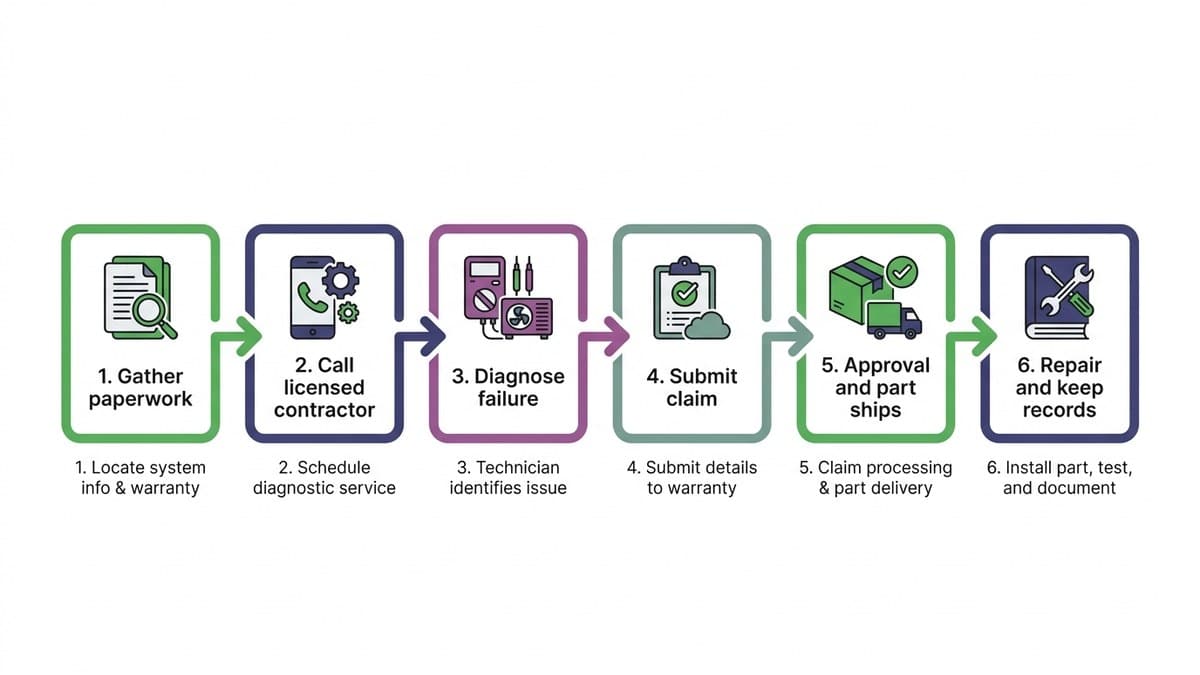 Flowchart of the six steps to file an HVAC warranty claim from gathering paperwork to keeping records