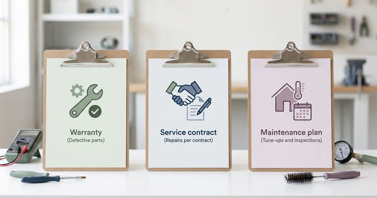 Comparison of warranty, service contract, and maintenance plan by what each one covers