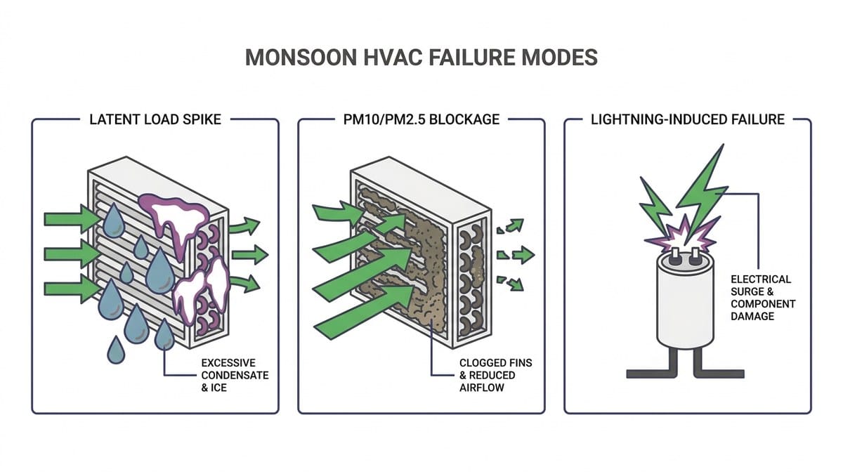 Diagram showing three failure modes: humidity overload (evaporator coil with condensate), dust intrusion (clogged condenser fins), and voltage surge (capacitor damage)