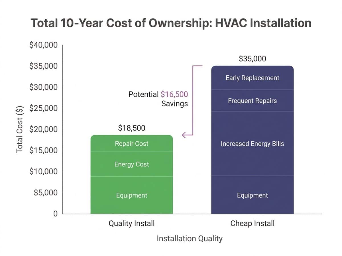 Bar chart: Cost impact of poor HVAC installation over 10 years