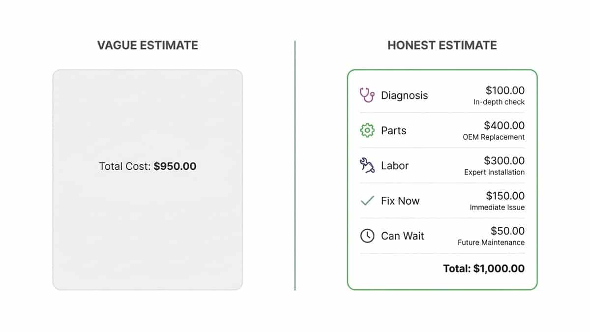 Side-by-side comparison of a vague HVAC estimate and an itemized honest estimate