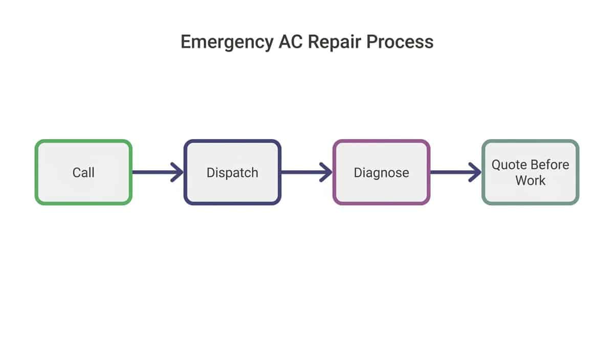 Four-step flow from emergency call to dispatch, diagnosis and upfront quote